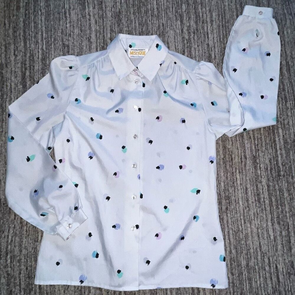 Mistique Women’s Size Small Vintage Button‎ Down Blouse White Multicolor Spotted